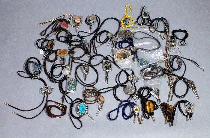 Large Assortment of Bolo Ties, Qty 35, Includes Stones, Turquoise, Pewter EGE and Siskiyou Brands, More