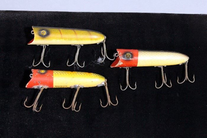 Vintage Heddon Lucky 13 Wooden Lures with Glass Eyes, Qty 3