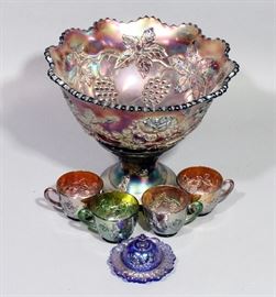 Carnival Glass Wreathe of Roses Punch Bowl Set w/ Pedestal & Cups (4), Believed to be Fenton, 11" Dia Punch Bowl
