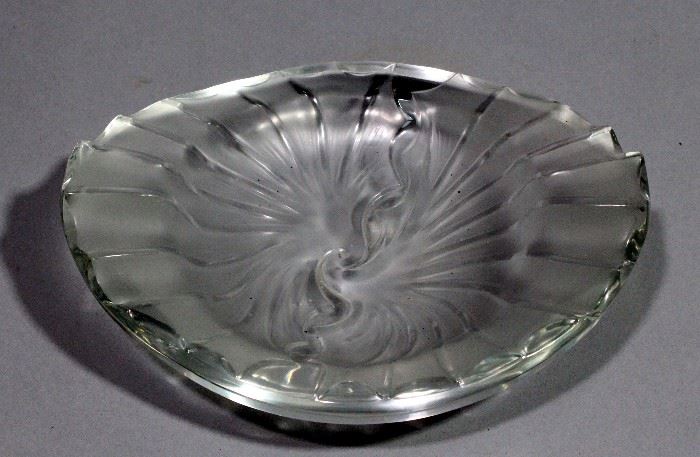Lalique France Frosted Art Glass Nancy Cendrier Wave Pattern Candy Bowl / Ashtray, 8.25" W