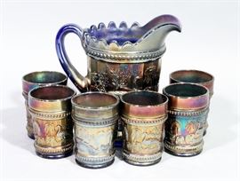 Dugan Carnival Glass "Peacock at the Fountain" Pitcher and Tumblers (6), Cobalt Blue, 8"H Pitcher