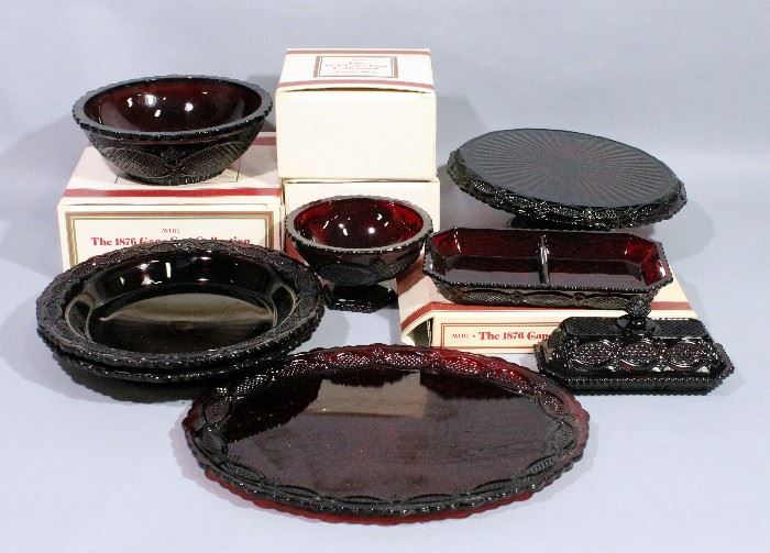 Avon 1876 Cape Cod Collection Ruby Red Glass Cake Holder, Serving Bowls (2), Pie Pans (2), Candy Dishes (2), Condiment Dish, Platter & Butter Dish