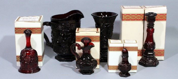 Avon 1876 Cape Cod Collection Ruby Red Glass Pitcher, Vase, Hostess Bell, Salt & Pepper Shakers, Cruet, and Candlesticks (2)