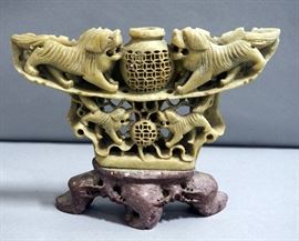 Chinese Carved Soap Stone Foo Dog Open Worked Incense Burner, 10"W x 7"H