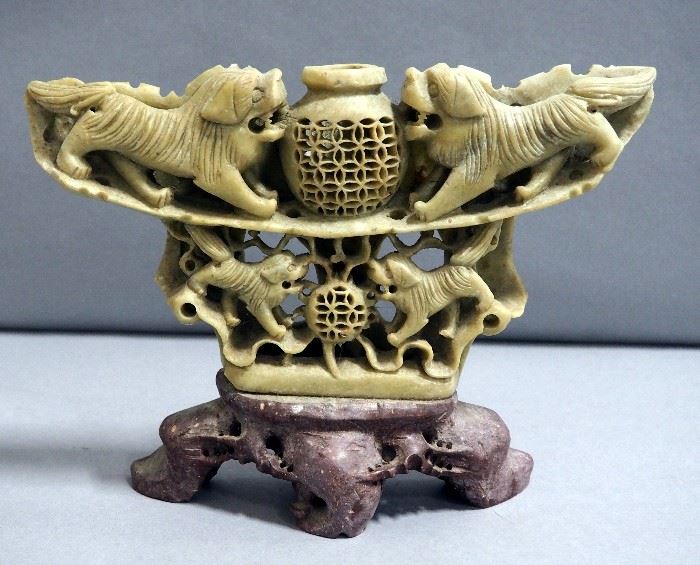 Chinese Carved Soap Stone Foo Dog Open Worked Incense Burner, 10"W x 7"H