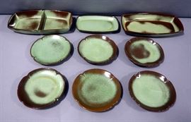 Frankoma Plainsman Green Dinnerware Set, 5G Salad/Bread Plates (5), 5QD 13" Divided Vegetable Bowl, 5Q 13" Serving Platter, & 5PS 9" Platter