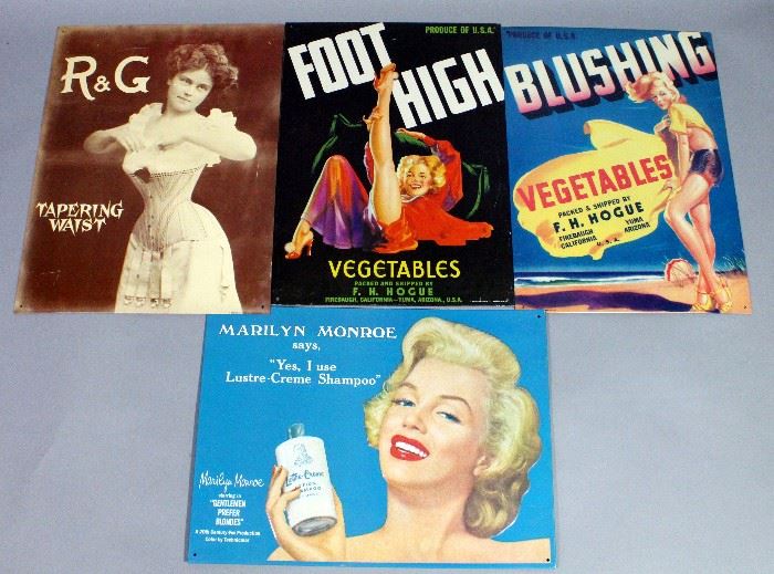 Vintage Style Metal Advertising Signs, Qty 4, FH Hogue Vegetables Pinup Girls, R&G Tapering Waist, & Marilyn Monroe Lustre-Creme Shampoo, 11x16-12x16