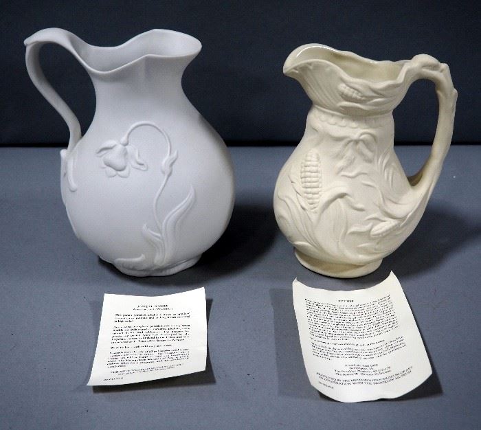 Parian Ware Bisque Jonquil Pitcher and American Motif Ears of Corn Pitcher, High Relief Appliques, Both Reproduced for the MMA, 8" & 8.5"