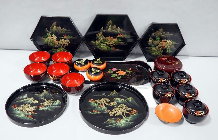 Japanese Lacquer Ware, Trays (6), Soup Bowls (5) Lidded Rice Bowls (5), Covered Bowl, and Small Lidded Dishes (3)