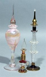 Art Glass Perfume Bottles with Stoppers, Qty 3, Iridescent Pink Swirl 9.5"H Bottle, And Cranberry / Gold Accented Bottles, Qty 2, 5" and 9"H