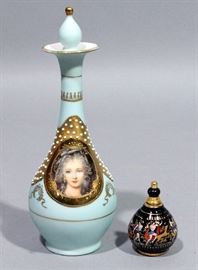 Decorative Light Blue Perfume Bottle w/ Victorian Portrait & Hand Painted Details, Marked "6533", 8"H, & Venus Serie Perfume Greek Handmade Bottle