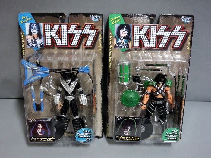 1997 Macfarlane Toys KISS "Ace Frehley, Peter Criss" Figures, New In Box, and 2008 Macfarlane Toys Guitar Hero "johnny Napalm, God of Rock" Figures