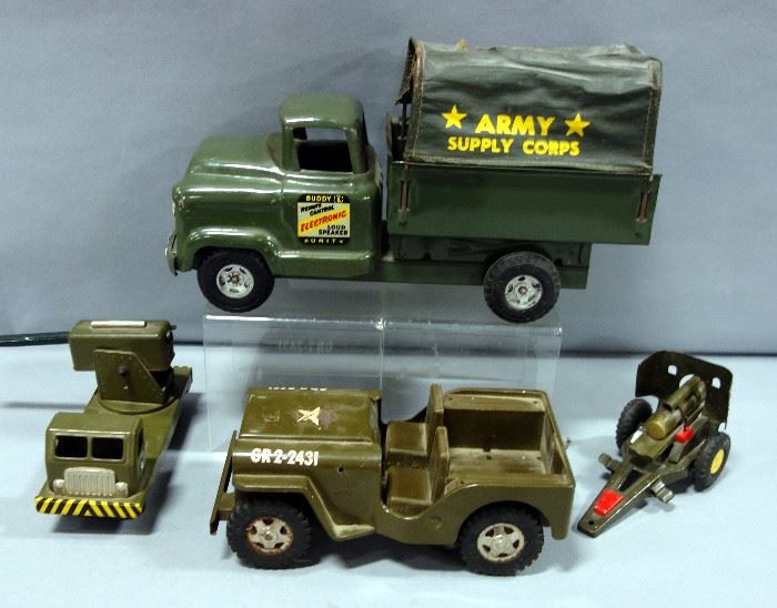 1950's Buddy L Army Supply Corps Pressed Steel Truck, Tonka Toys GR202431 Military Vehicle, Tin Toy S-1125 Military Truck, and Mortar Toy