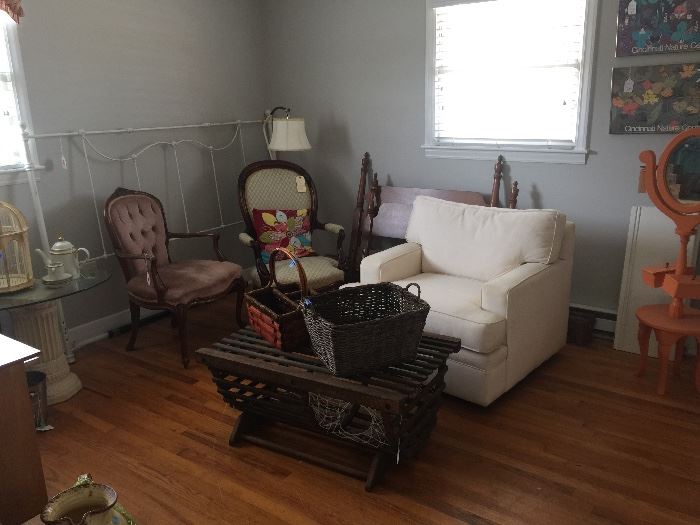 Off white club chair, Victorian parlor chair, lobster trap coffee table