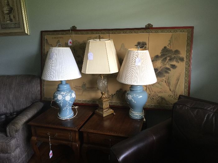 Table lamps, Asian wall hanging