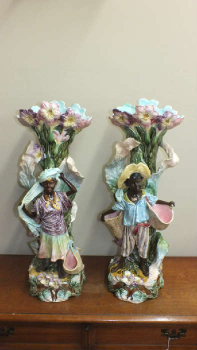 Antique French Majolica Blackamoor Vases - Pair - 30 inches tall