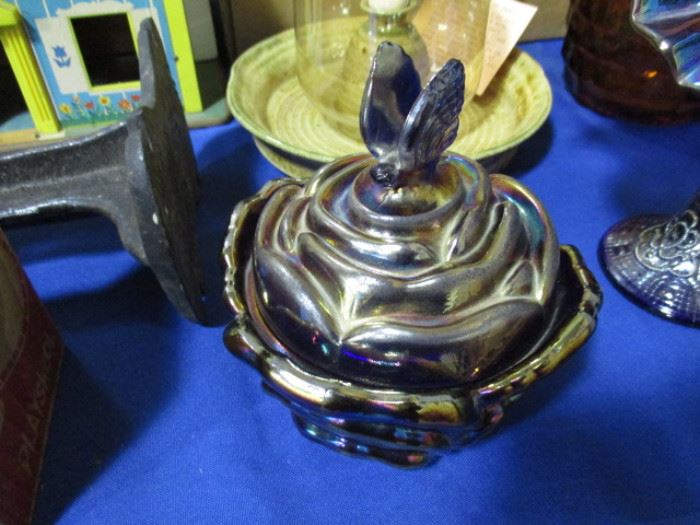 Carnival glass covered dish
