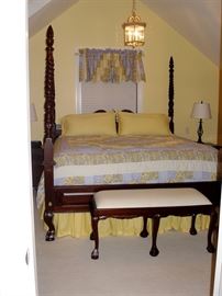 Mahogany carved 4-poster bed.  also pictured is matching bed bench