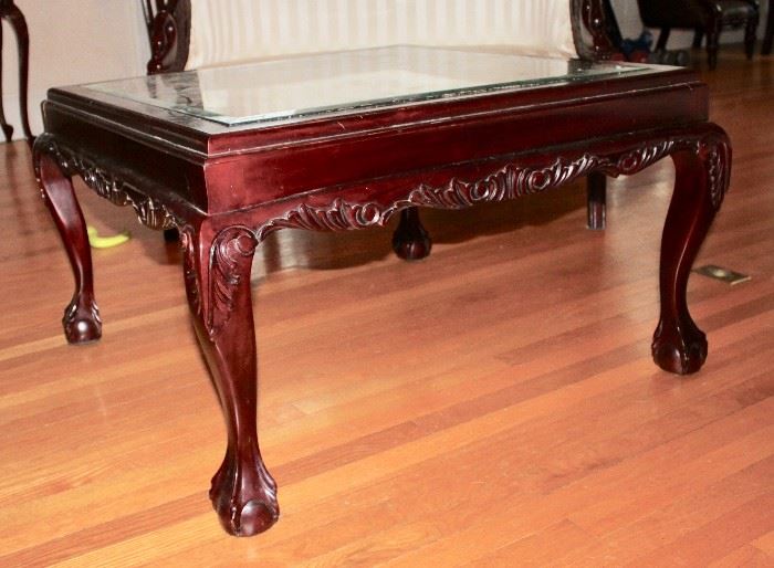 Mahogany & glass square carved coffee table