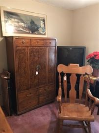 THOMASVILLE  ARMOIRE DRESSER AND LARGE ROCKING CHAIR