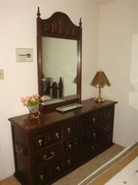 MID CENTURY "SPANISH STYLE" DRESSER WITH MATCHING BED AND NIGHT STAND