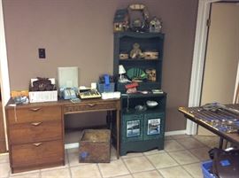 Desk, small cabinet wth seperate shelf top, old wood milk crate