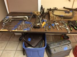 Tools, antique water level for brick line in box, vintage car mechanic tools