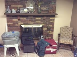 Antique picture of little girl in oval frame, antique spice cabinet,ever ready wash tub,antique rocker, scrapbooking/craft cases