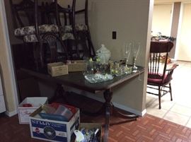 Dining room table, Sterling candle holders with glass shades, soup tureen,TWA glasses, doll furniture