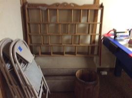 Oak shelf(precious moments) , storage ottoman, folding chairs