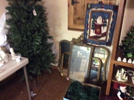 Lighted Christmas tree, 3 antique mirrors 