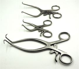 Gelpi Perineal Retractor, Tips Angled, Sharp, 7.25", Qty 8, Self Retaining Retractor, Sharp, 3.5", Qty 72 And 5.25", Qty 8