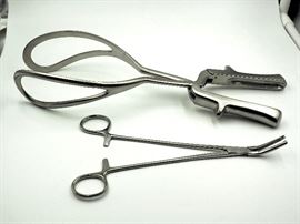 Phaneuf Hysterectomy forceps, Serrated, Angled On Flat, 1x2 Teeth, Qty 23 And Simpson Obstetrical Forceps, Short, 12", Qty 13