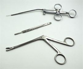 Wilde Ethmoid Exenteration Forceps, 4.5 x 9mm Jaws, Qty 8, Knife Handle #9, 4.75", Qty 16, Krause Nasal Polupis Snare Knee, 10", Qty 6