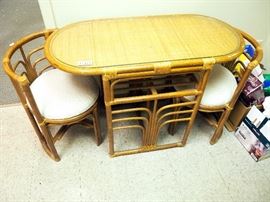 Rattan Side Table With Pair Of Nesting Chairs, Glass Top, 30"H x 43"W x 20.5"D