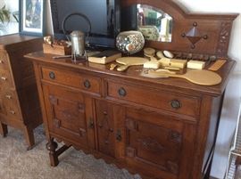 Antique wood dresser with mirror, Bakelite accessories
