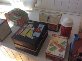Barbies, tinker toys, Fisher Price family farm