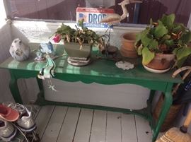 Vintage painted green table, plants