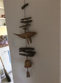 Handmade by local pottery artist orca whale mobile with driftwood and shells