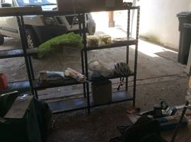 Metal shelving, garage items, dive gear