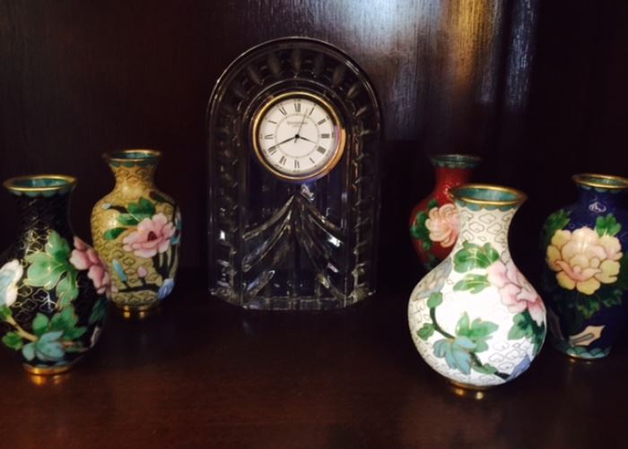 cloisonne vases and waterford clock