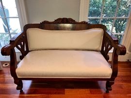 Antique upholstered settee, Calico Corners, new springs

