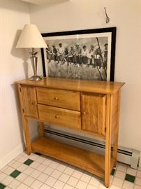 Tall side/console table, lamp and Charles C Ebbets Lunch Atop A Skyscraper Crossbeam RCA Building Rockefeller Framed Print