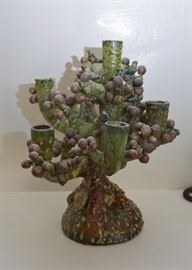 Mexican Folk Art Pottery Tree of Life Candelabra / Candle Holder 