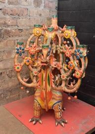 Mexican Folk Art Pottery Tree of Life Candelabra / Candle Holder 