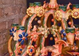 Mexican Folk Art Pottery Tree of Life Candelabra / Candle Holder 