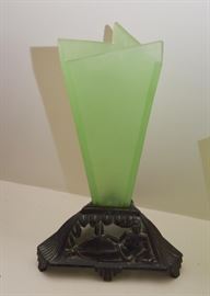 Art Deco Green Glass Vase with Iron Base