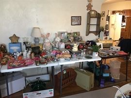 Seasonal decor, sewing machine, shelving