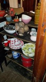 Dishes, mid-century sugar & creamer, ice bucket, pottery bowls