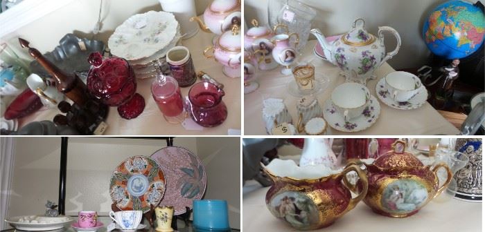 Porcelain and China: Tea pots, coffee pots, pitchers, cups and saucers, desert sets, plates, trays, bowls, hostess sets, platters, 
